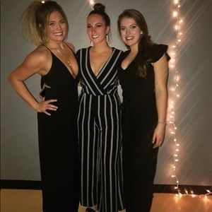 Black and white pinstriped jumpsuit
